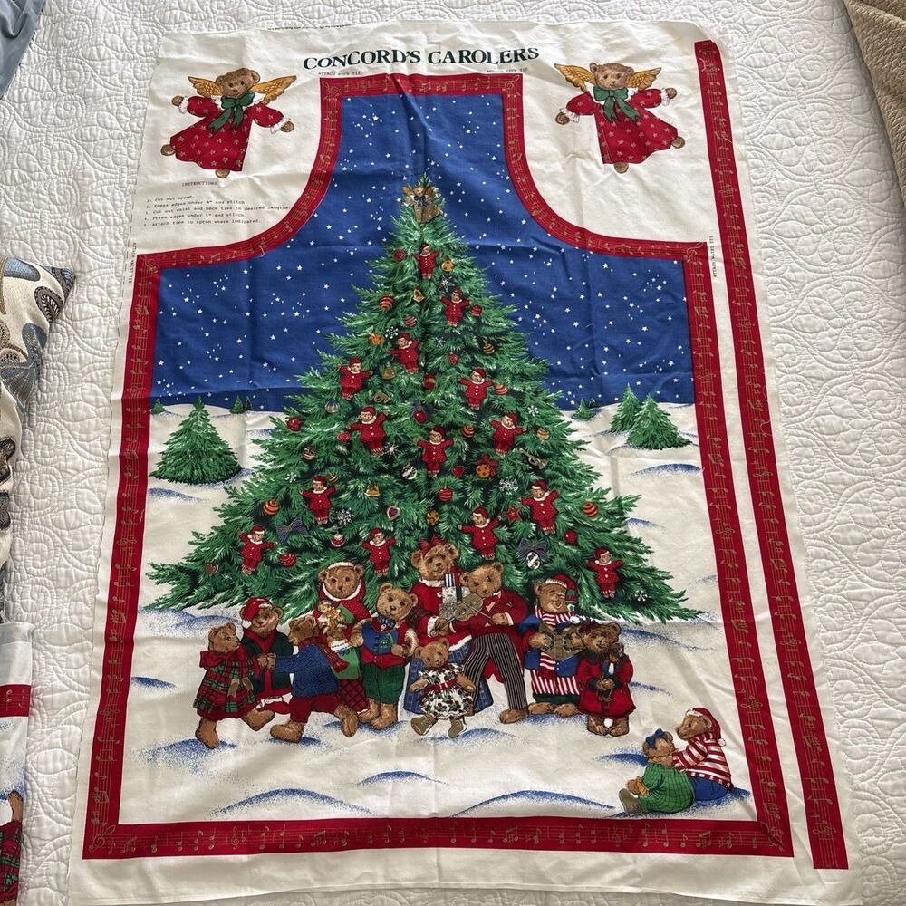 Vintage Christmas apron fabric Concord's Carolers Teddy Bears Cut and Sew